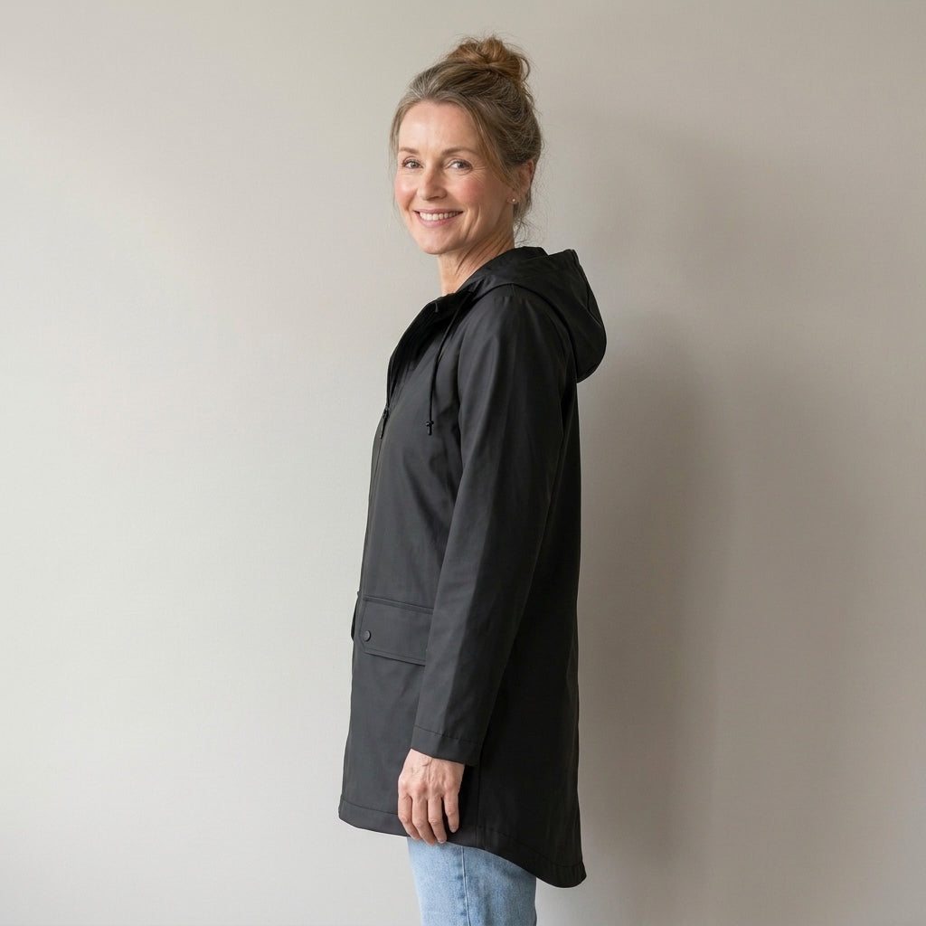 Women's Waterproof Hooded Rain Jacket, Lightweight – Black