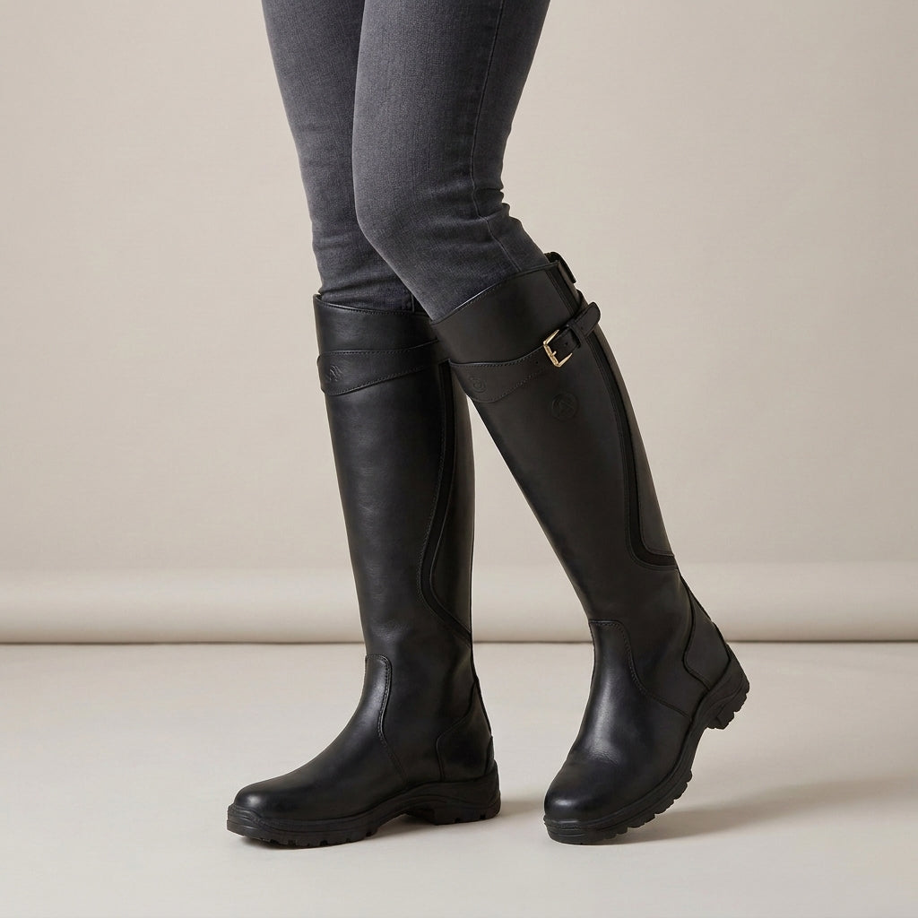 Women's Waterproof Knee High Boots with Buckle – Navy Blue