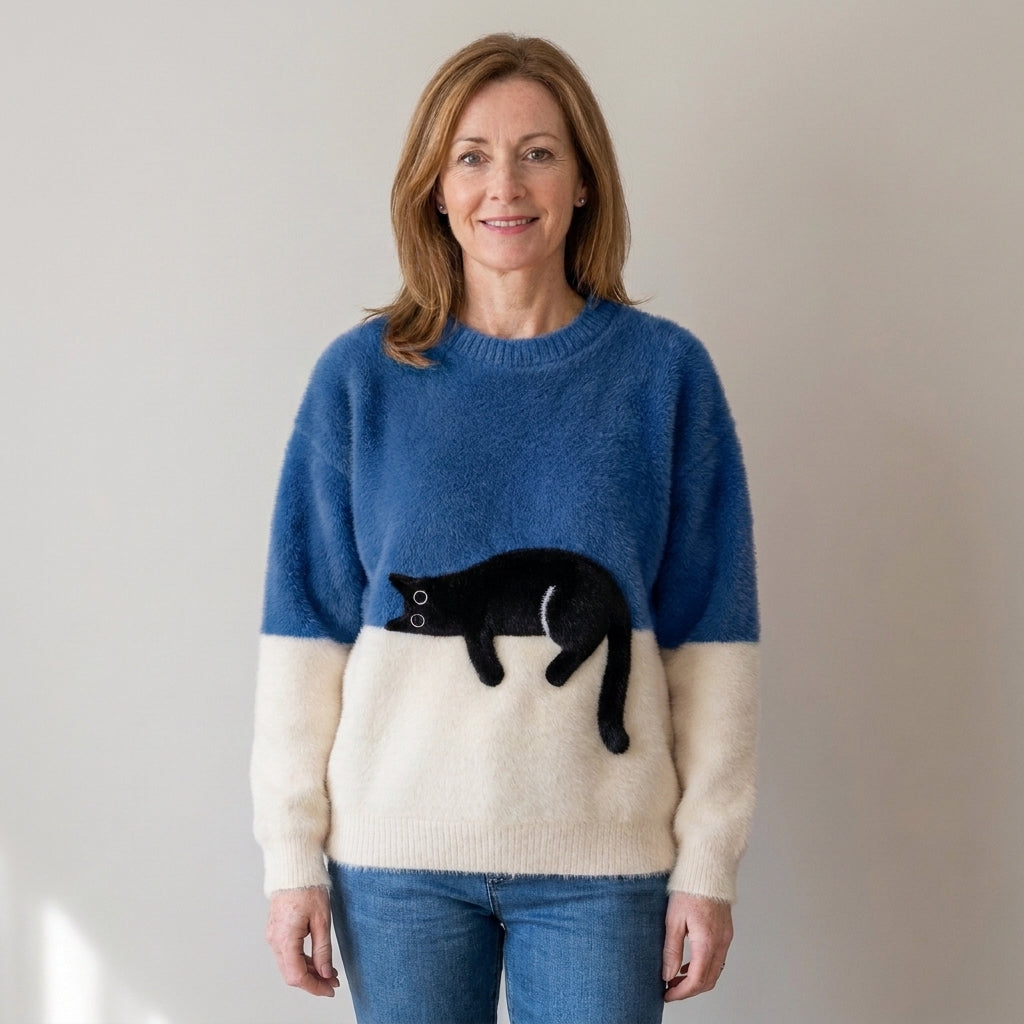 Women's Black Cat Fluffy Jumper – Colour Block Soft Knit Crew Neck Sweater – Orange & Cream
