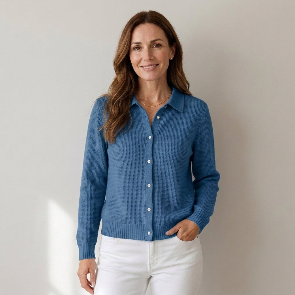 Women's Light Blue Collared Cardigan – Soft Waffle Knit Button-Up Jumper, Long Sleeve