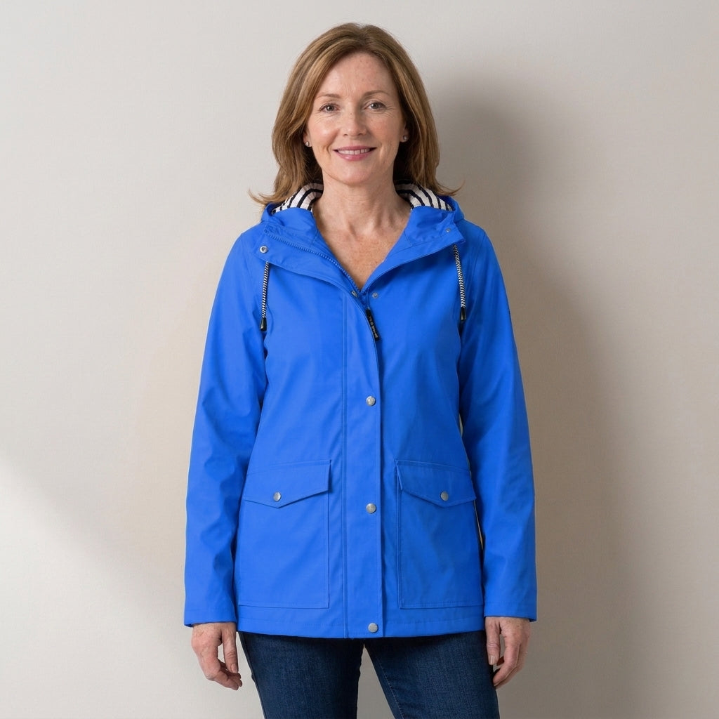 Women's Hooded Rain Jacket – Windproof & Waterproof Raincoat with Striped Lined Hood & Snap Pockets