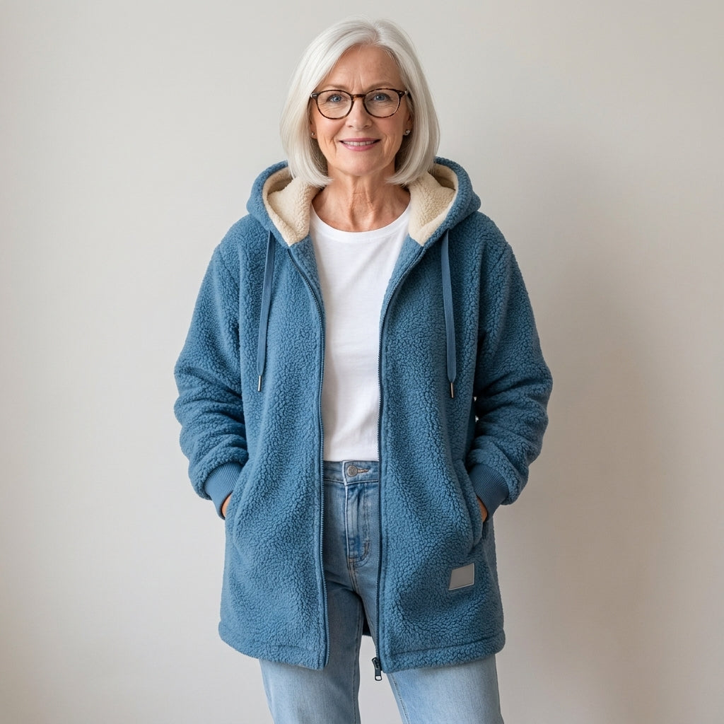Women's Hooded Teddy Fleece Jacket, Zip-Up – Blue