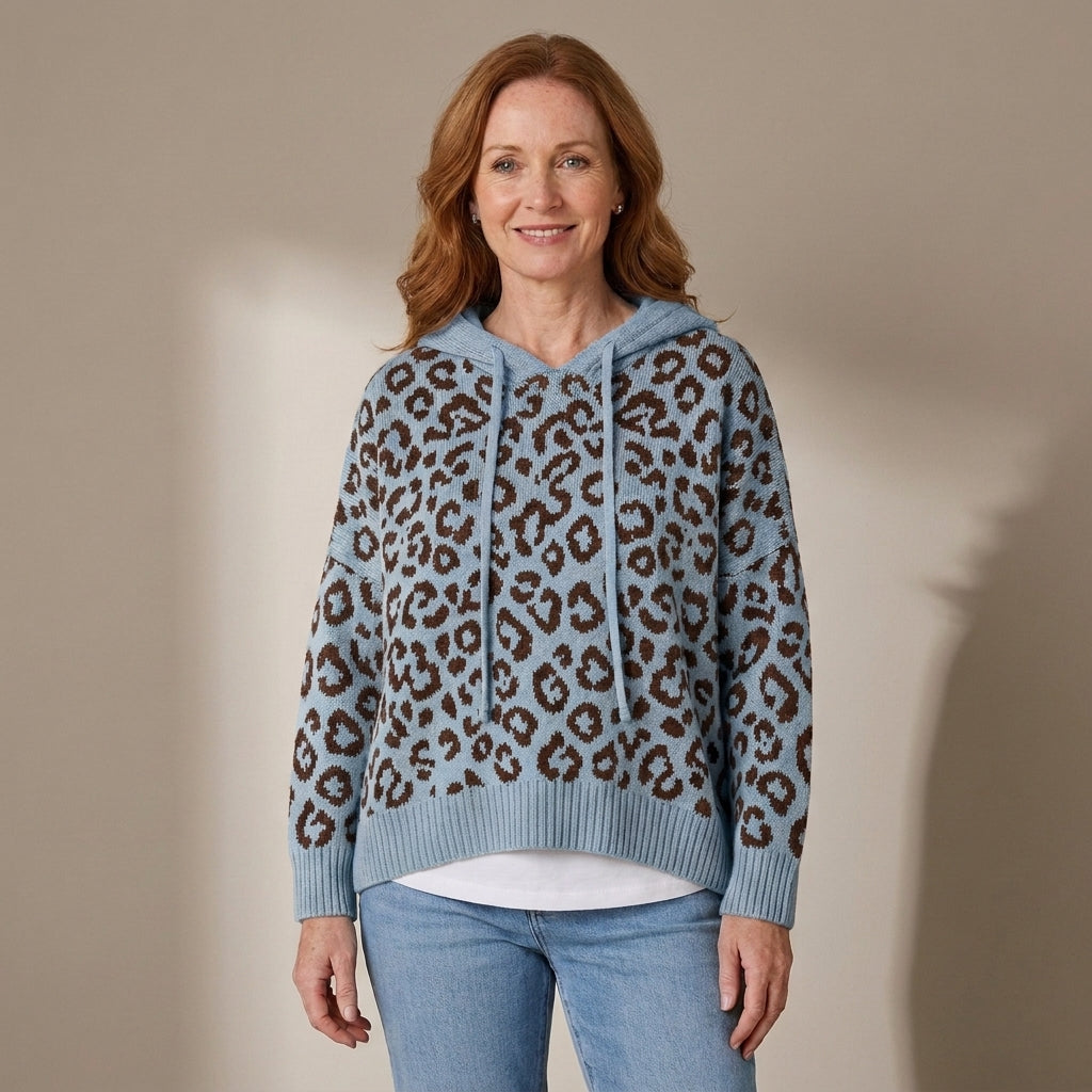 Women's Oversized Leopard Print Hooded Knit Jumper – Khaki