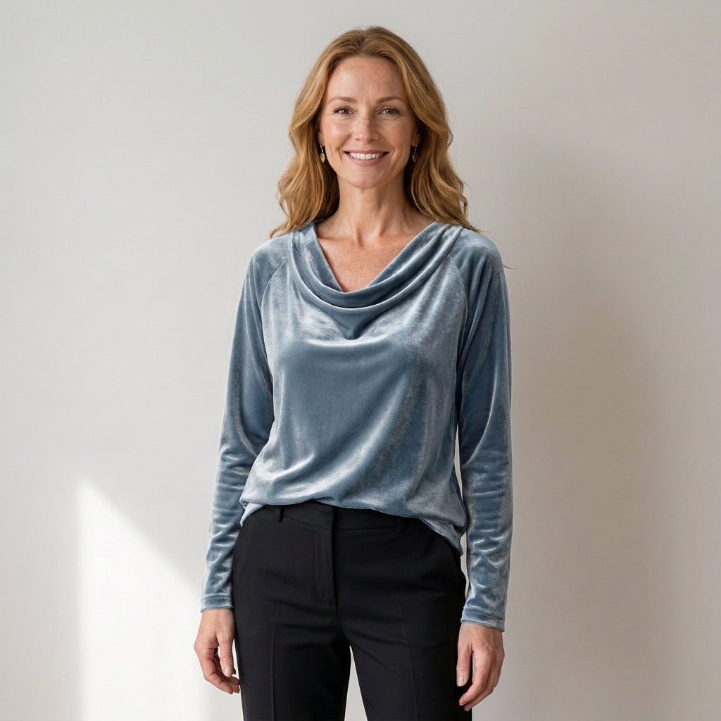 Women's Velvet Cowl Neck Top, Long Sleeve – Gold