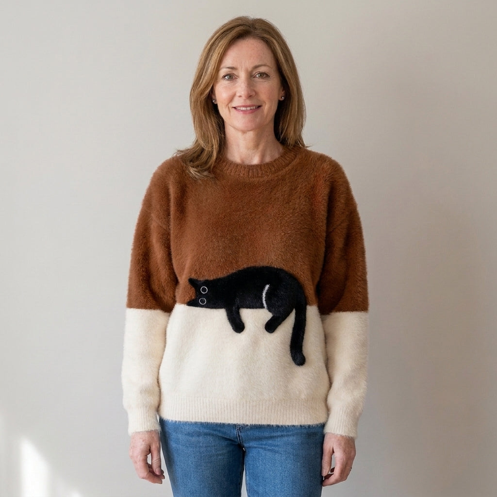Women's Black Cat Fluffy Jumper – Colour Block Soft Knit Crew Neck Sweater – Orange & Cream