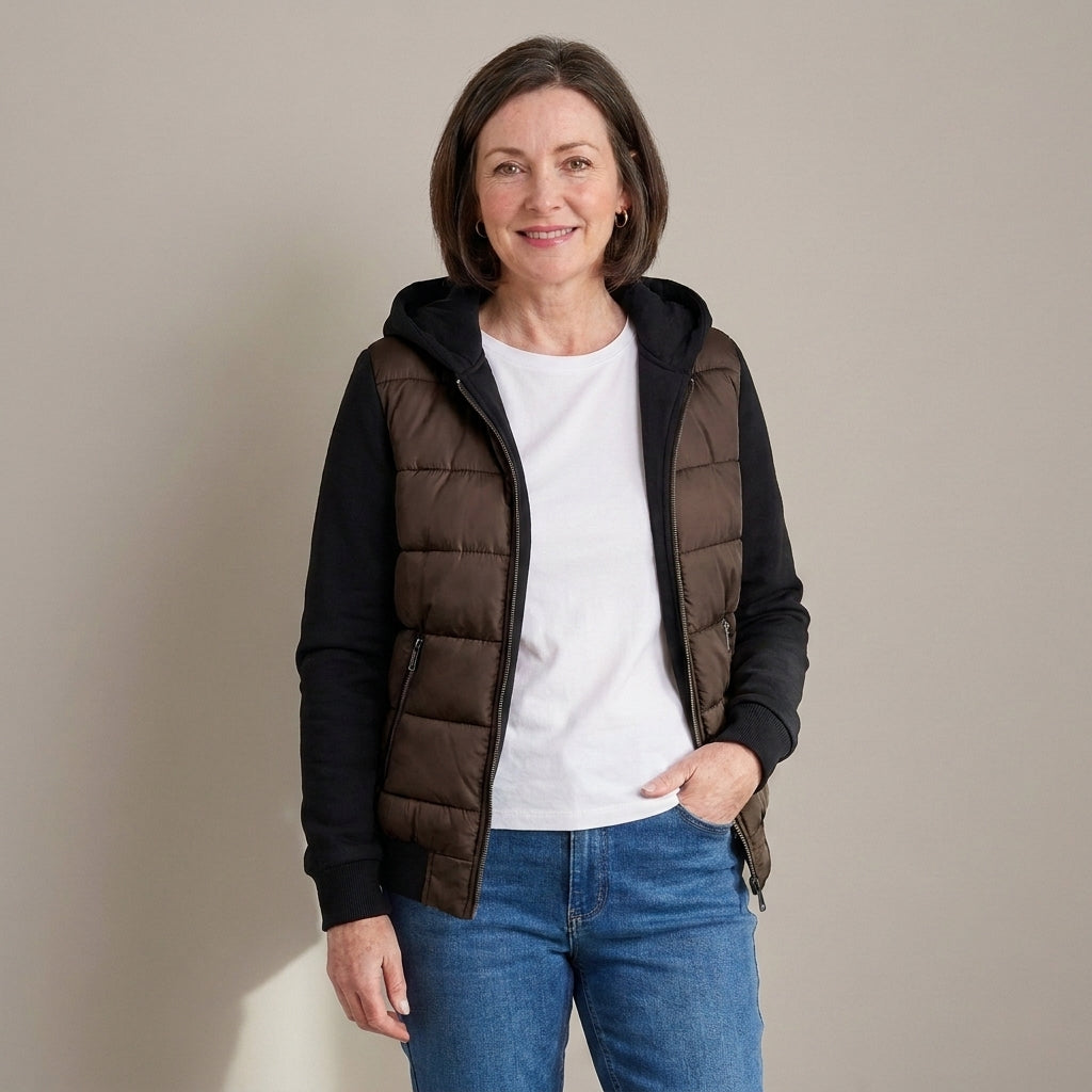 Women's Quilted Hooded Hybrid Jacket – Khaki & Black