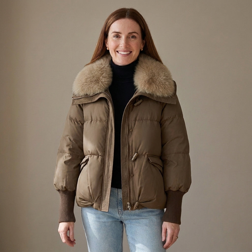 Women's Cropped Puffer Jacket with Faux Fur Collar – Cream