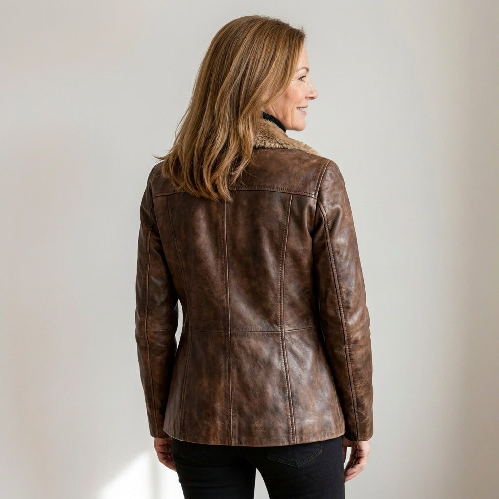Women's Brown Faux Leather Jacket with Faux Fur Collar – Distressed Zip-Front Winter Jacket