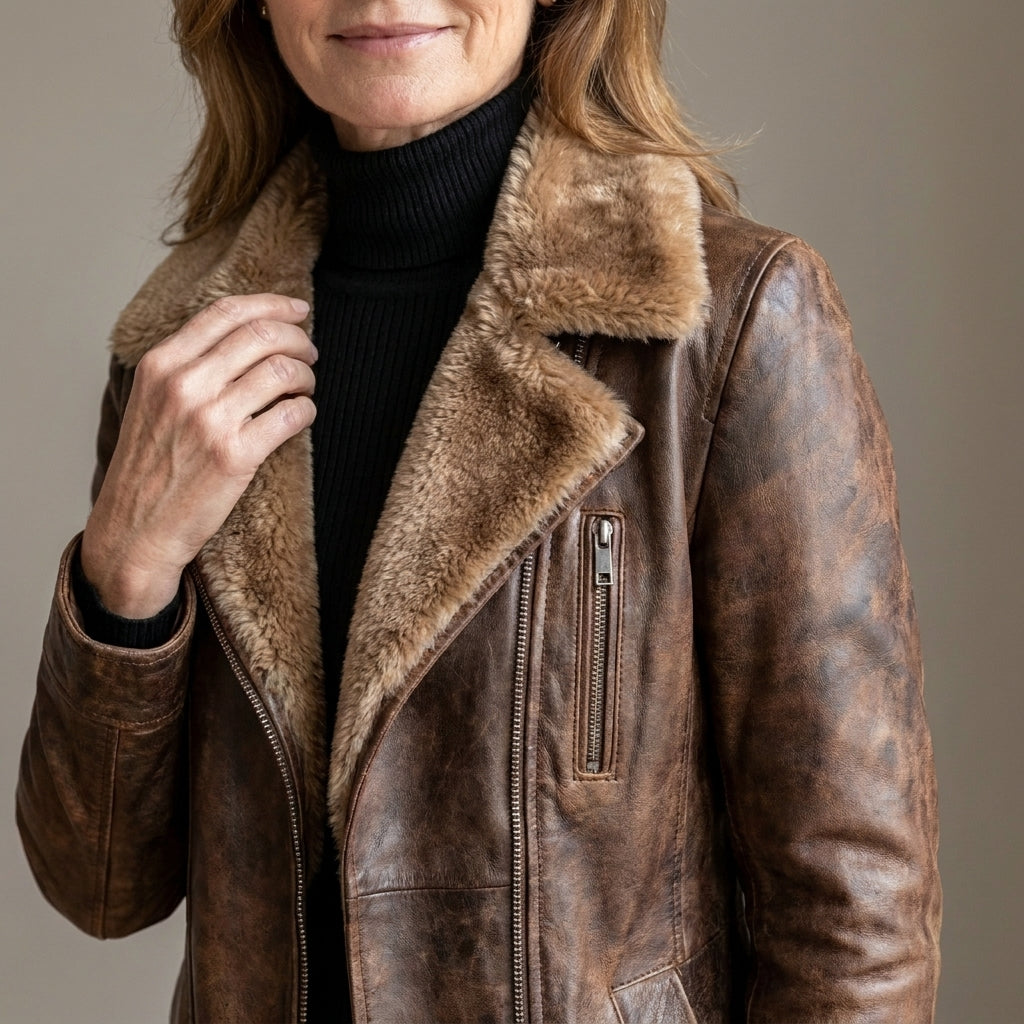 Women's Brown Faux Leather Jacket with Faux Fur Collar – Distressed Zip-Front Winter Jacket