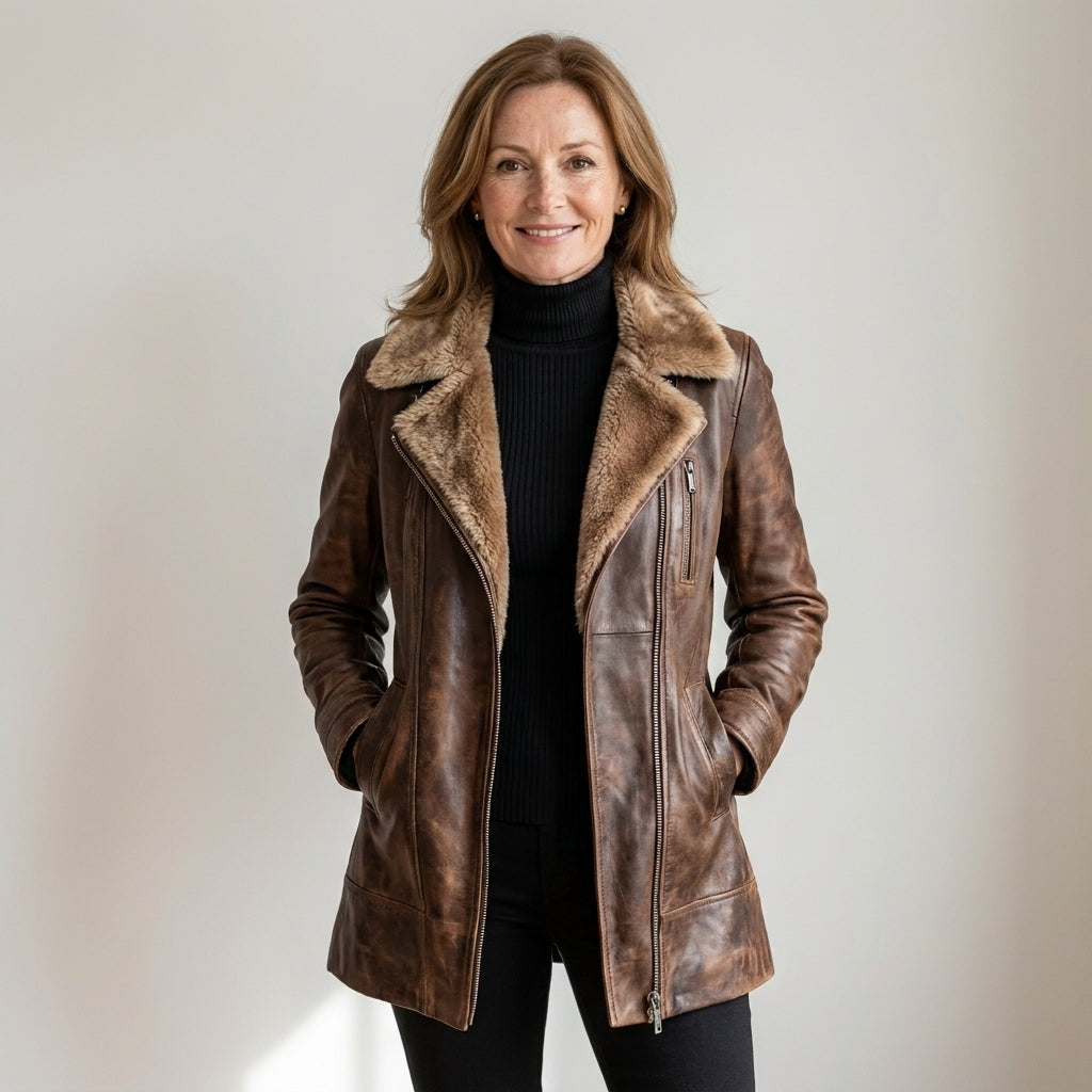 Women's Brown Faux Leather Jacket with Faux Fur Collar – Distressed Zip-Front Winter Jacket