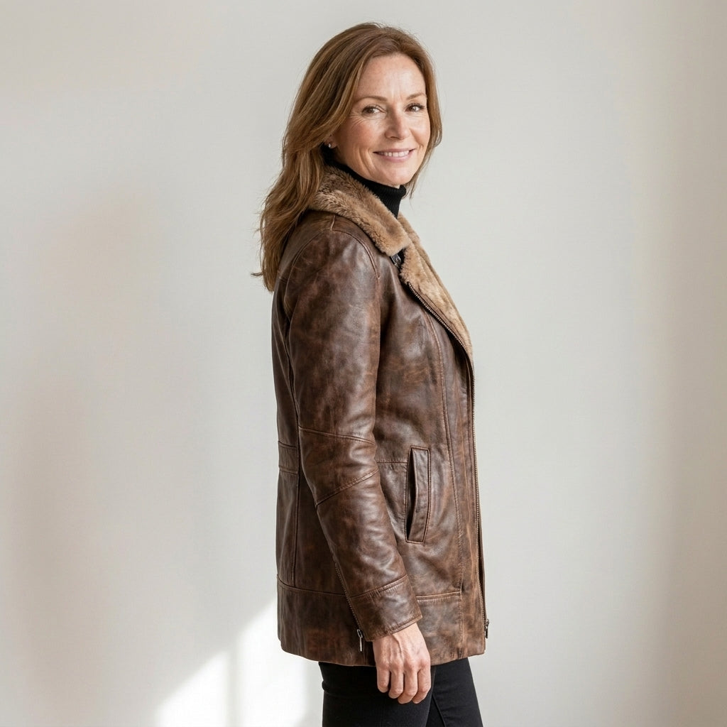 Women's Brown Faux Leather Jacket with Faux Fur Collar – Distressed Zip-Front Winter Jacket