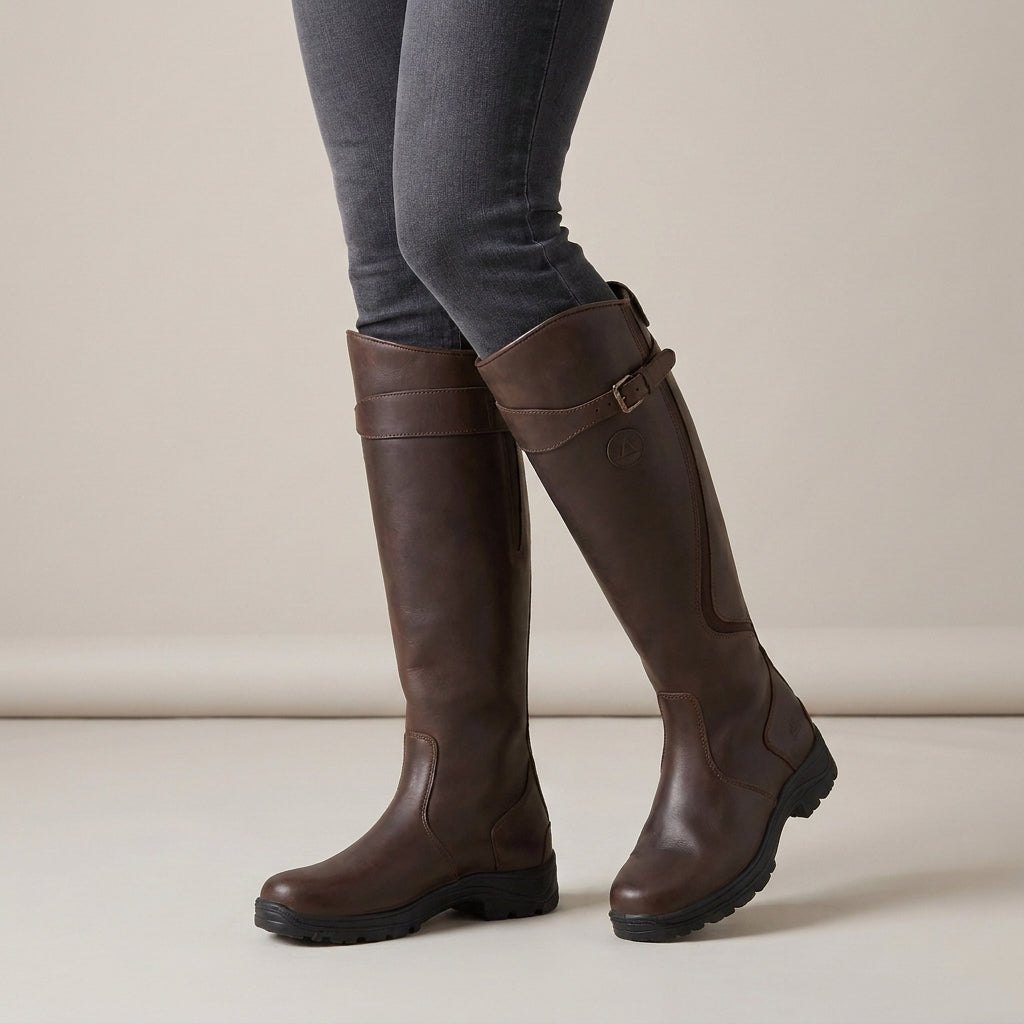 Women's Waterproof Knee High Boots with Buckle – Navy Blue