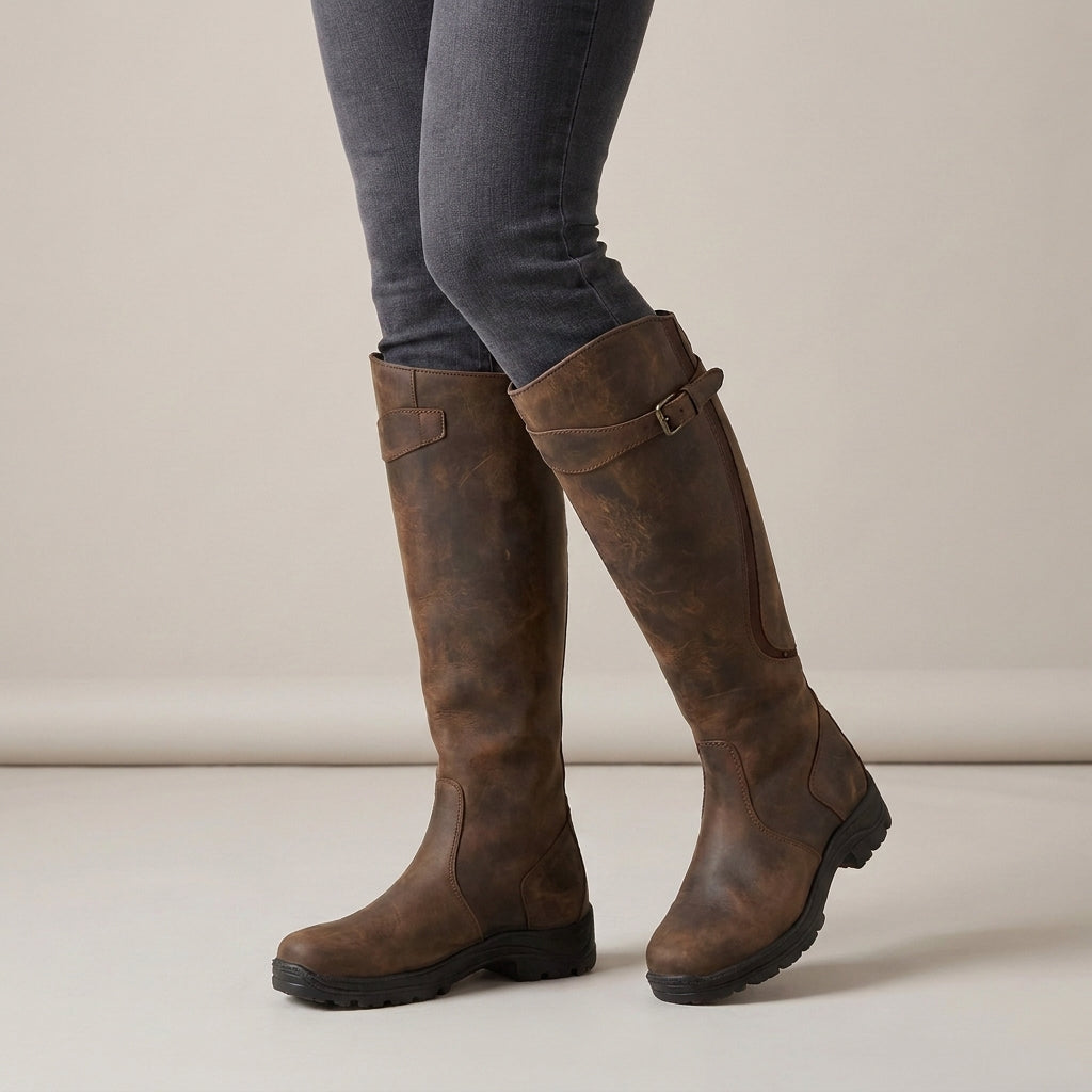 Women's Waterproof Knee High Boots with Buckle – Navy Blue