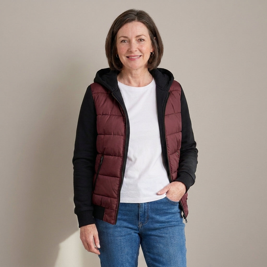 Women's Quilted Hooded Hybrid Jacket – Khaki & Black