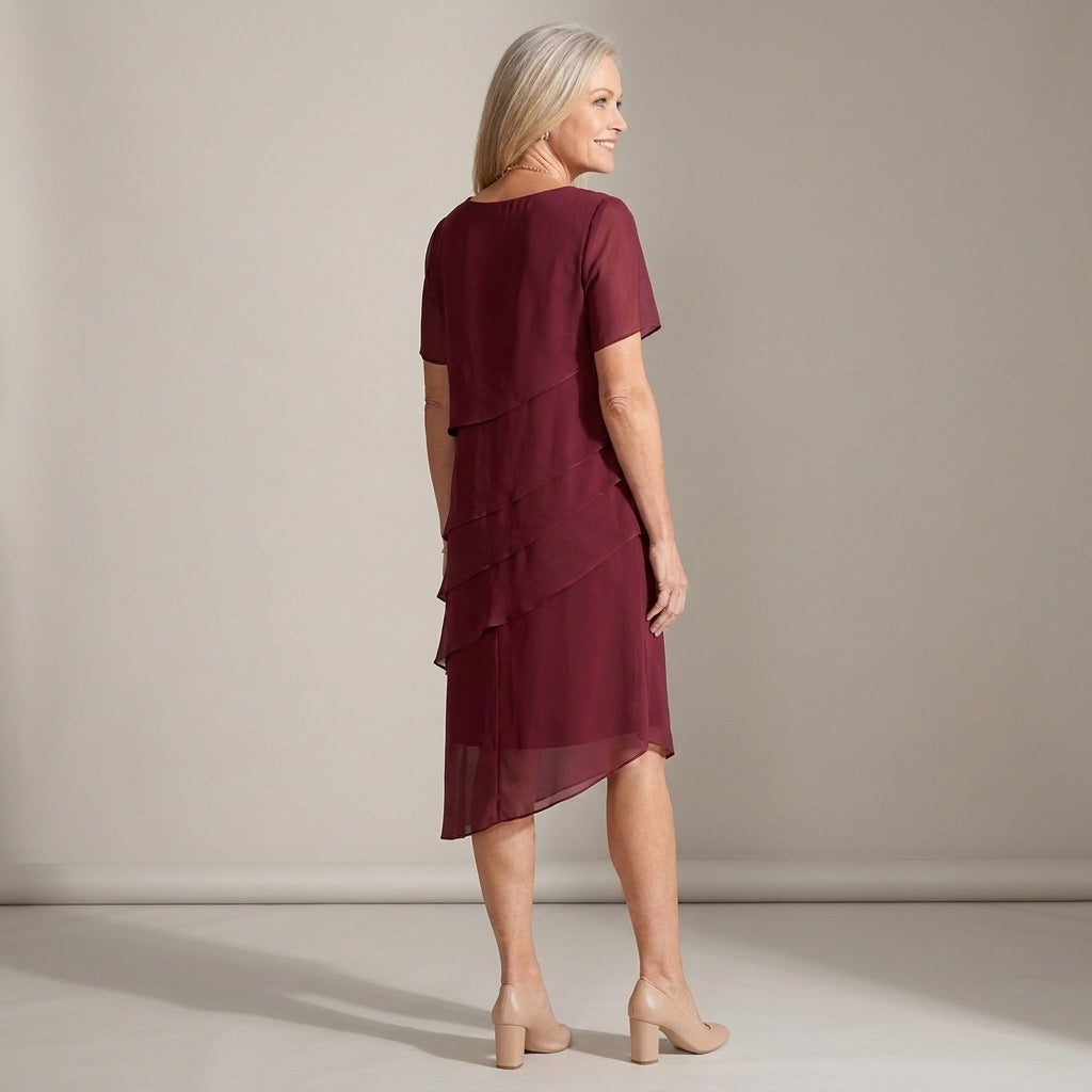 Women's Burgundy Chiffon Midi Dress with Tiered Layers – New Year's Eve & Christmas Party Dress