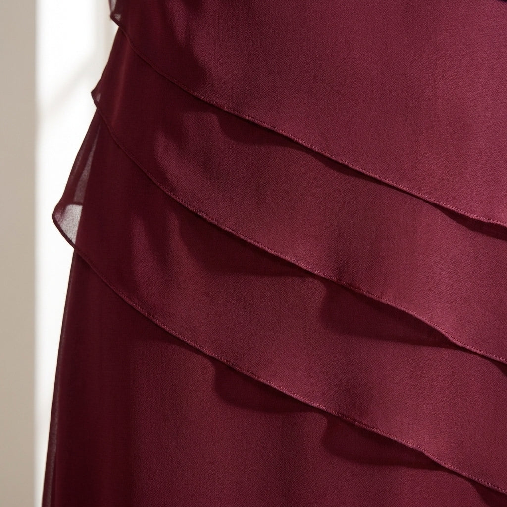 Women's Burgundy Chiffon Midi Dress with Tiered Layers – New Year's Eve & Christmas Party Dress