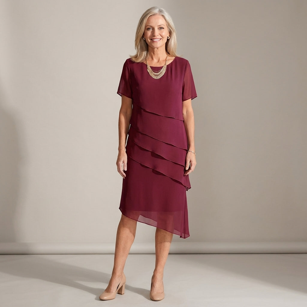 Women's Burgundy Chiffon Midi Dress with Tiered Layers – New Year's Eve & Christmas Party Dress
