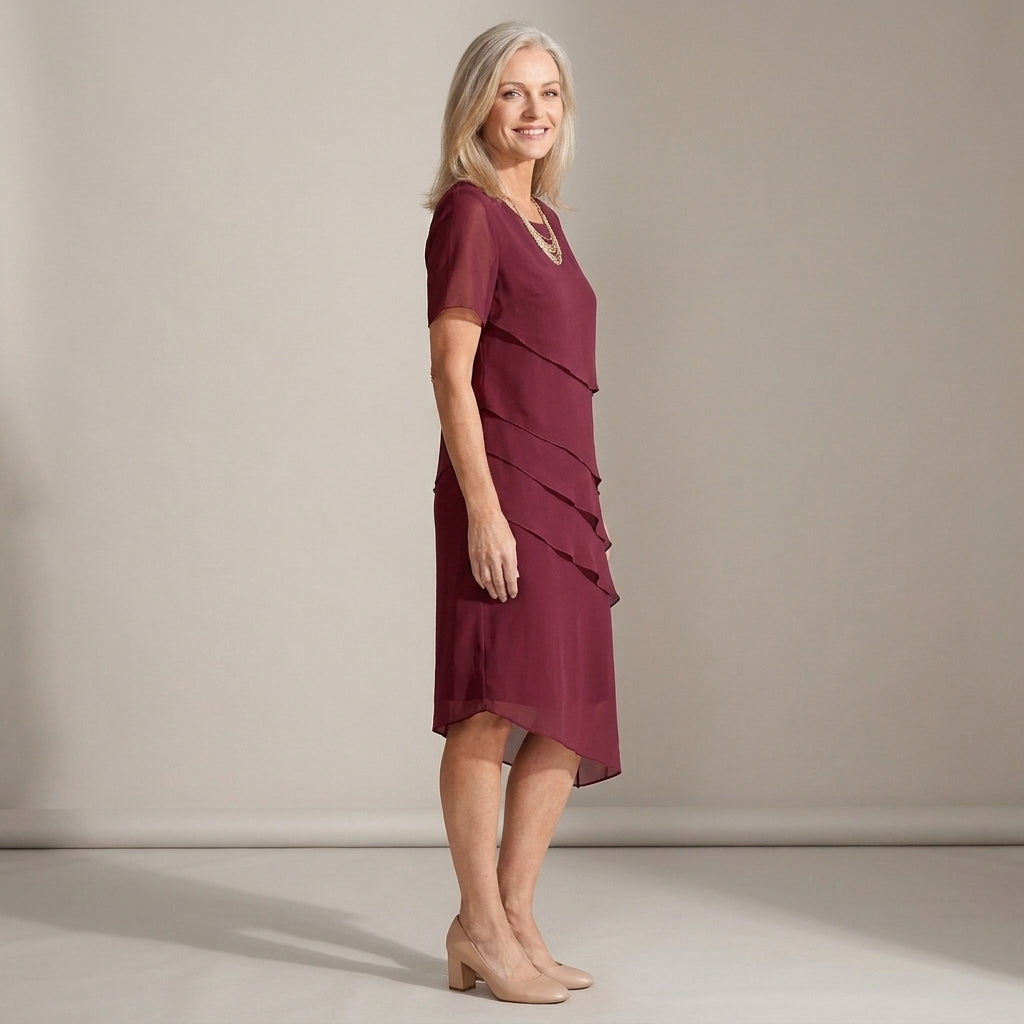 Women's Burgundy Chiffon Midi Dress with Tiered Layers – New Year's Eve & Christmas Party Dress