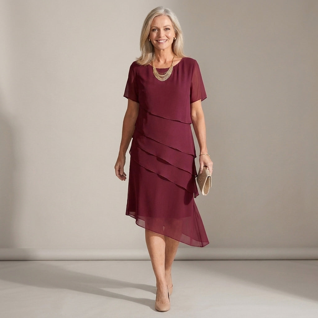Women's Burgundy Chiffon Midi Dress with Tiered Layers – New Year's Eve & Christmas Party Dress