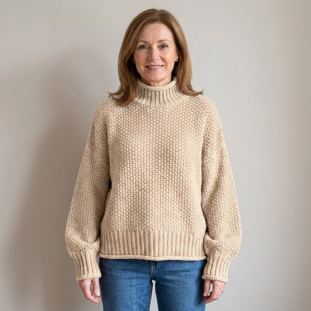 Women's Chunky Knit Turtleneck Jumper – Oversized Textured Sweater with Batwing Sleeves