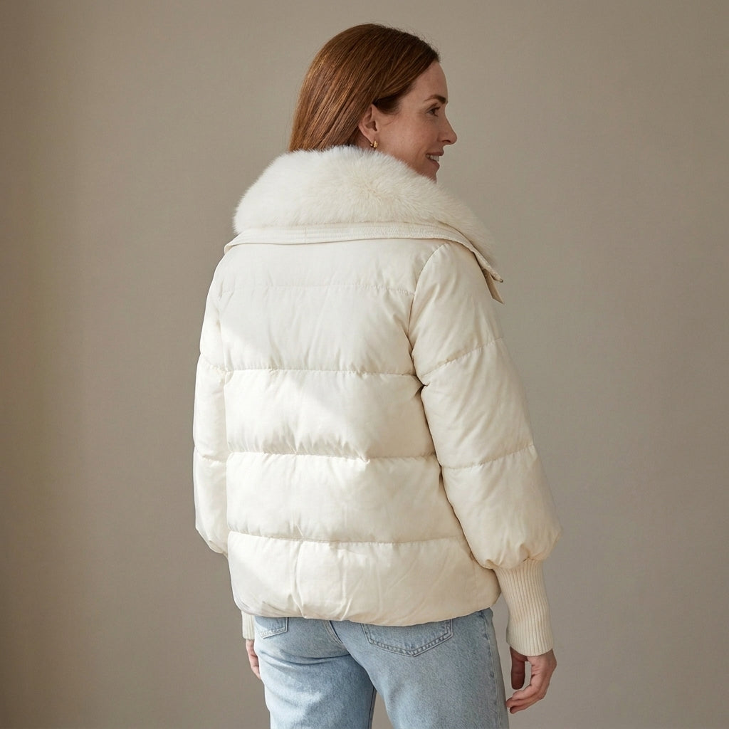 Women's Cropped Puffer Jacket with Faux Fur Collar – Cream