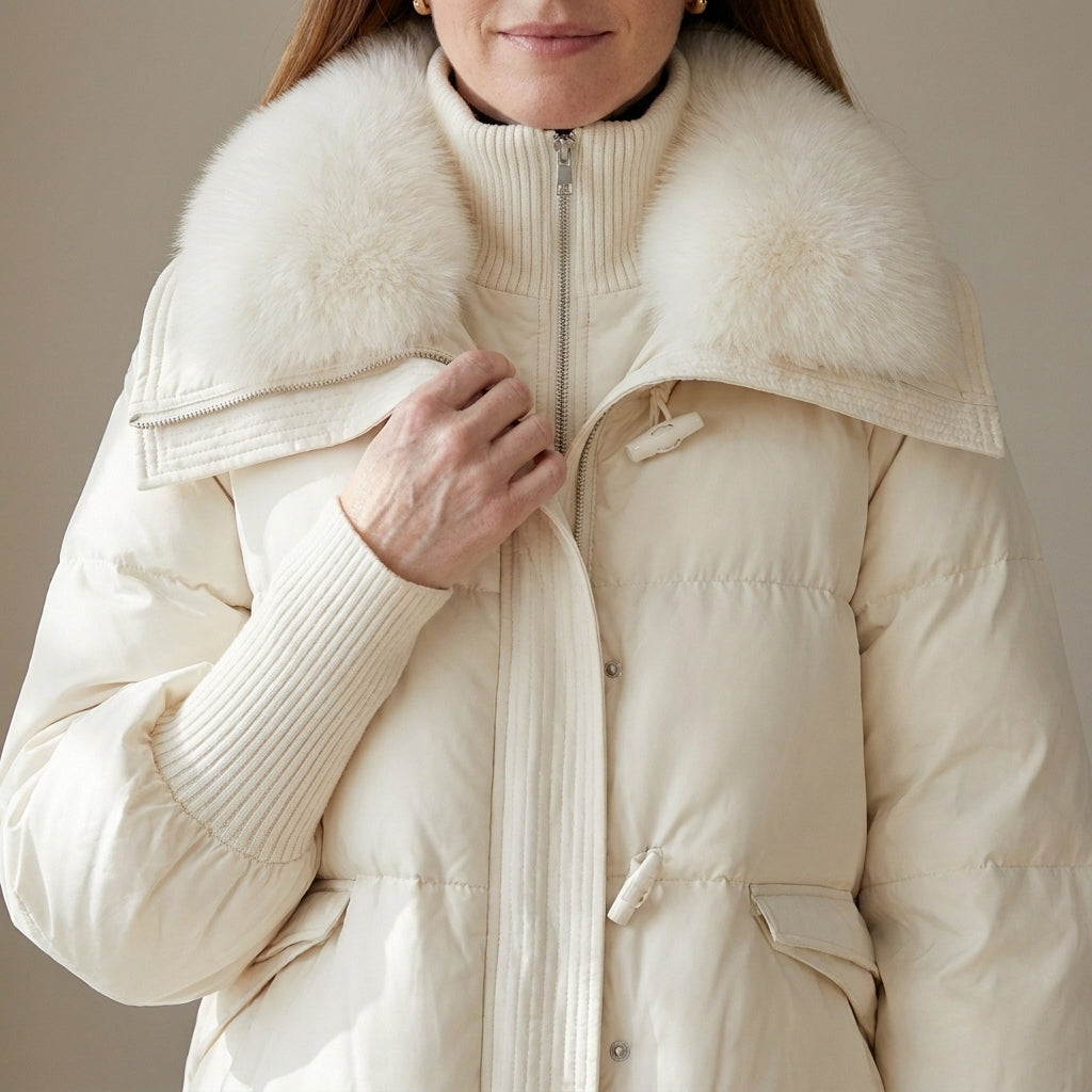 Women's Cropped Puffer Jacket with Faux Fur Collar – Cream