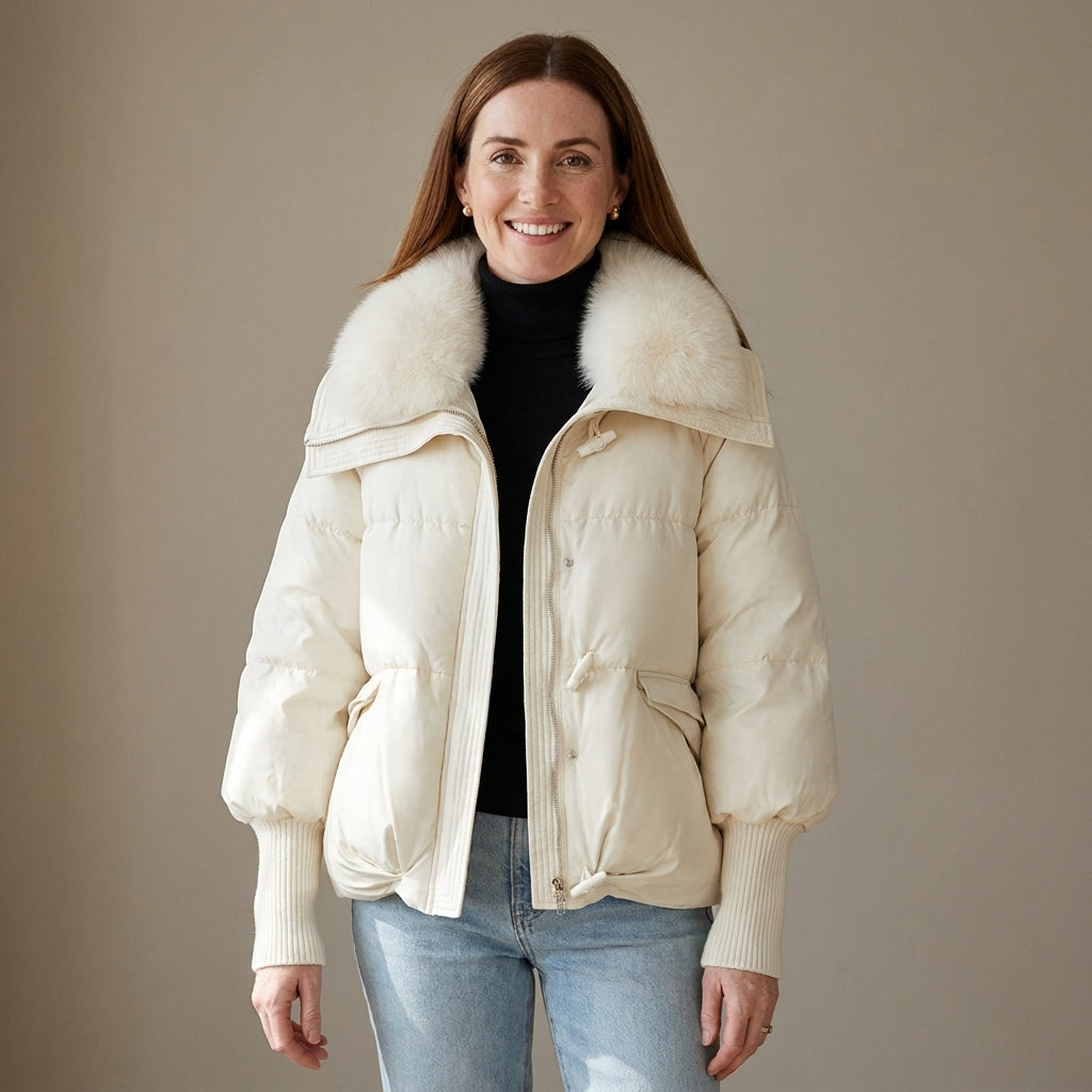 Women's Cropped Puffer Jacket with Faux Fur Collar – Cream