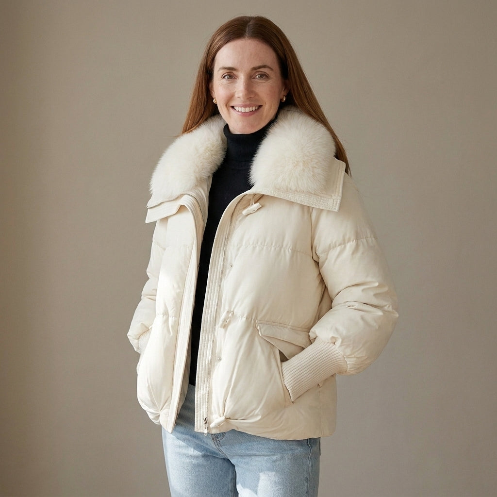 Women's Cropped Puffer Jacket with Faux Fur Collar – Cream