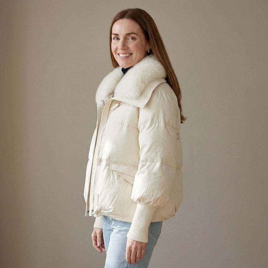Women's Cropped Puffer Jacket with Faux Fur Collar – Cream
