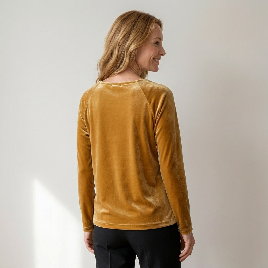 Women's Velvet Cowl Neck Top, Long Sleeve – Gold