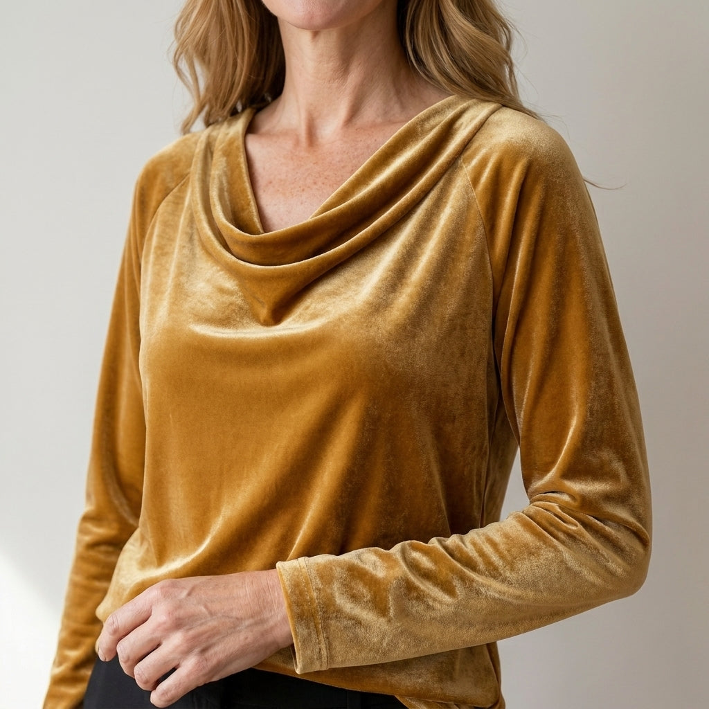 Women's Velvet Cowl Neck Top, Long Sleeve – Gold