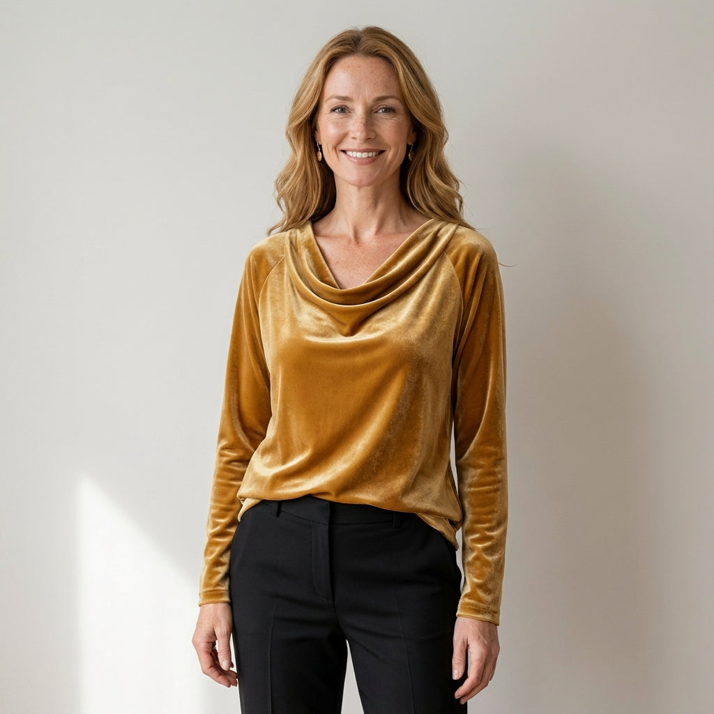 Women's Velvet Cowl Neck Top, Long Sleeve – Gold