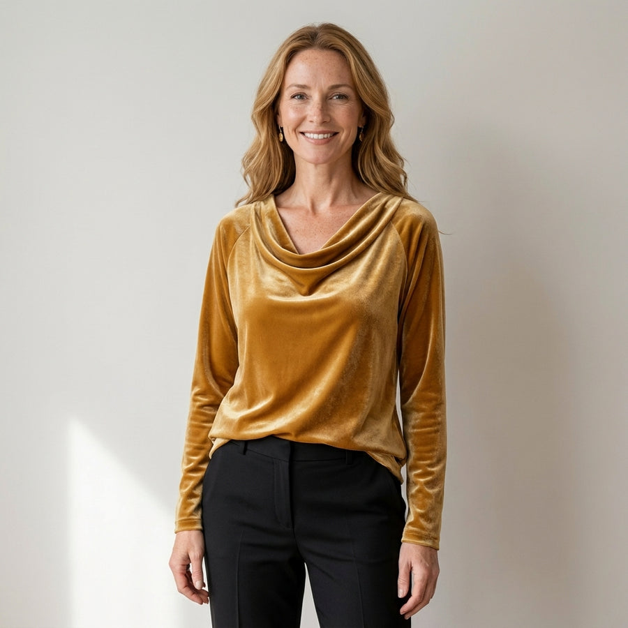 Women's Velvet Cowl Neck Top, Long Sleeve – Gold