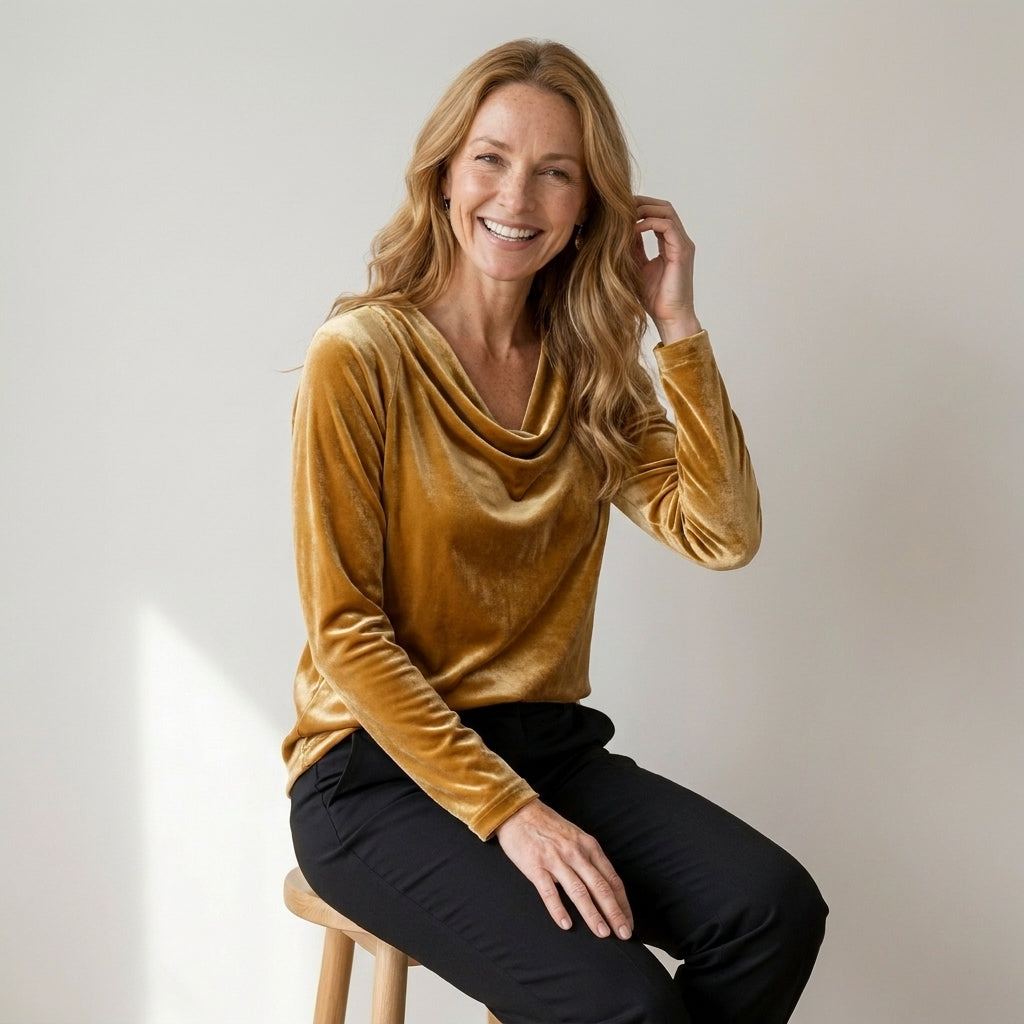 Women's Velvet Cowl Neck Top, Long Sleeve – Gold