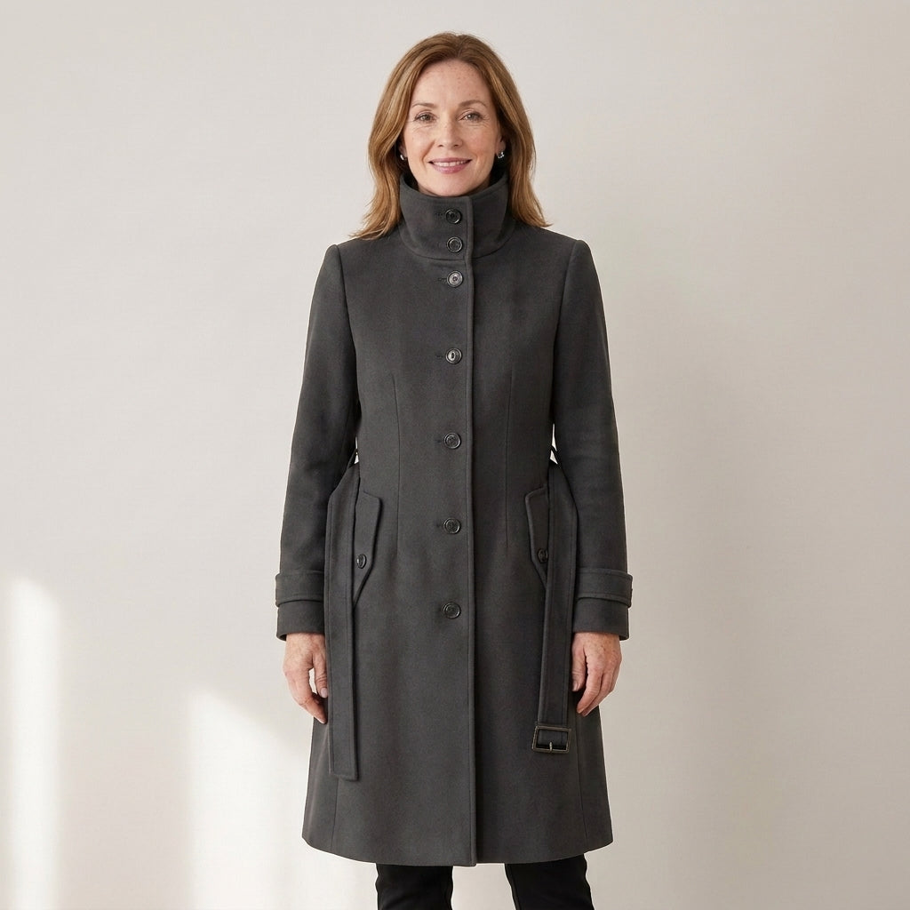 Women's Long Wool Blend Winter Coat – Double-Breasted with High Stand Collar & Belt