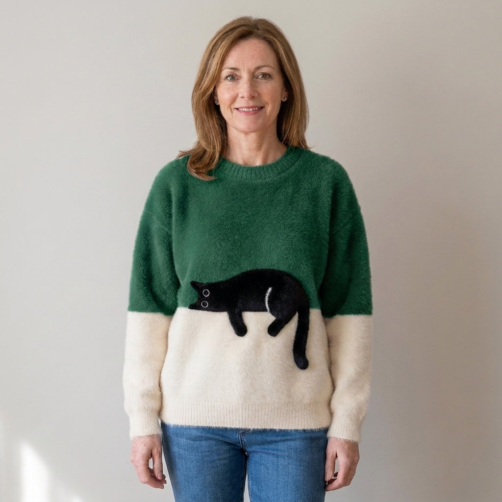 Women's Black Cat Fluffy Jumper – Colour Block Soft Knit Crew Neck Sweater – Orange & Cream