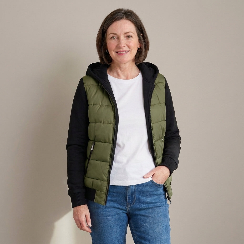 Women's Quilted Hooded Hybrid Jacket – Khaki & Black