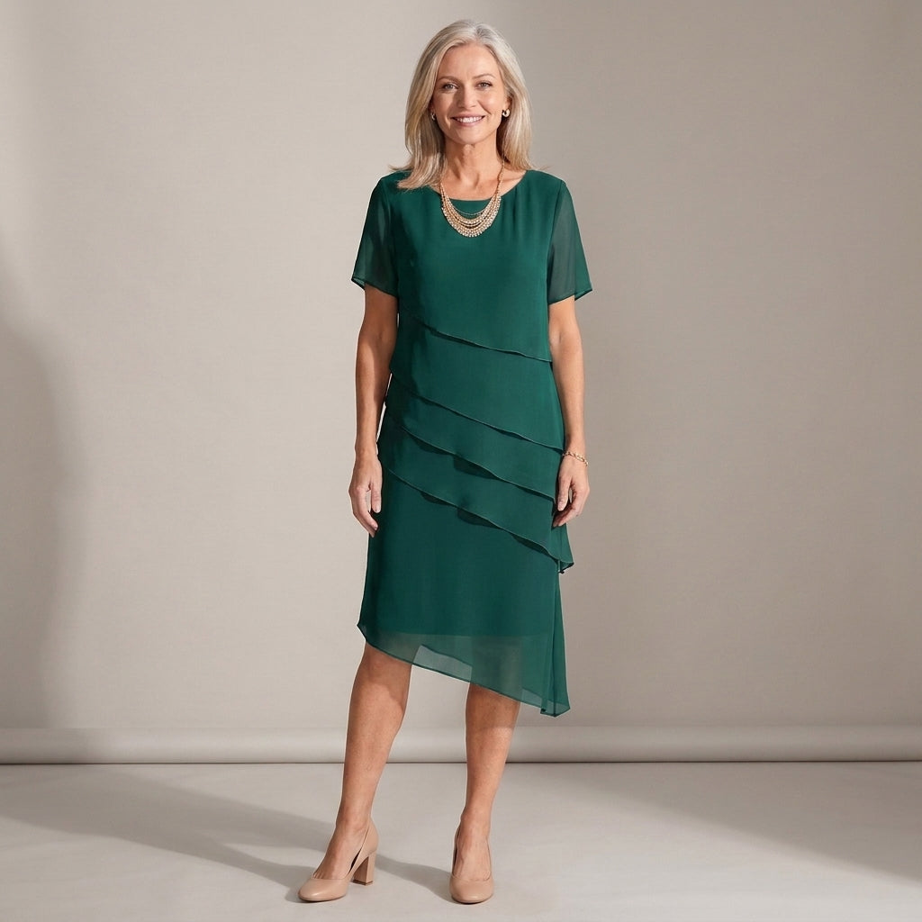 Women's Burgundy Chiffon Midi Dress with Tiered Layers – New Year's Eve & Christmas Party Dress