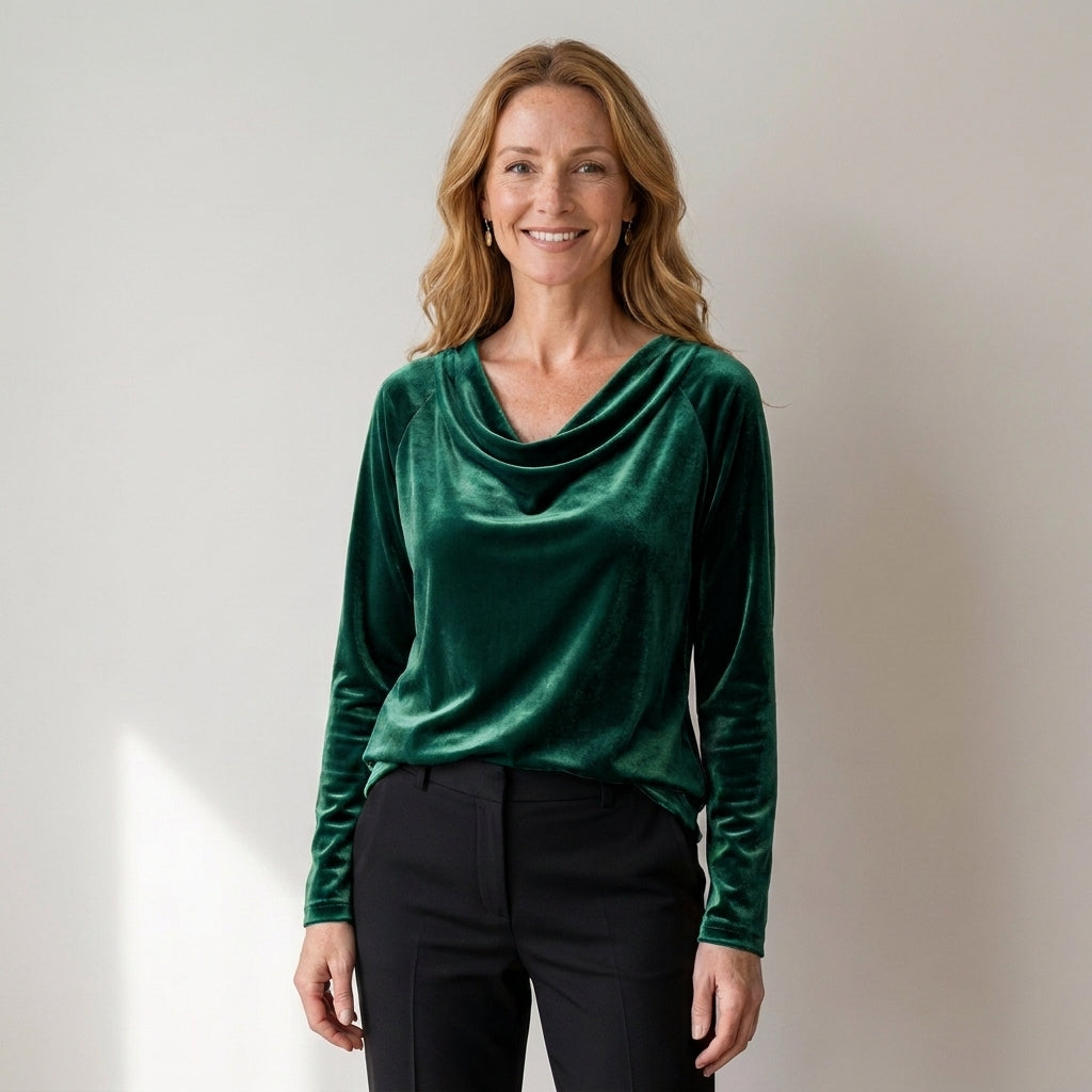 Women's Velvet Cowl Neck Top, Long Sleeve – Gold
