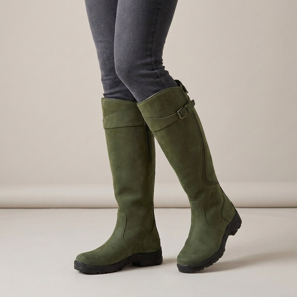 Women's Waterproof Knee High Boots with Buckle – Navy Blue