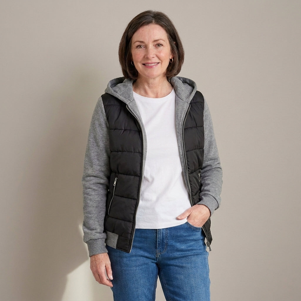 Women's Quilted Hooded Hybrid Jacket – Khaki & Black