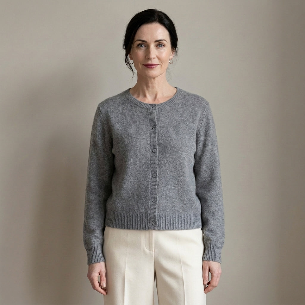 Women's Soft Knit Button Cardigan, Round Neck – Grey