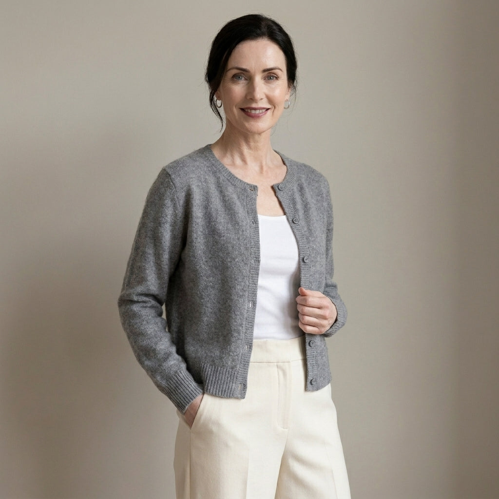 Women's Soft Knit Button Cardigan, Round Neck – Grey