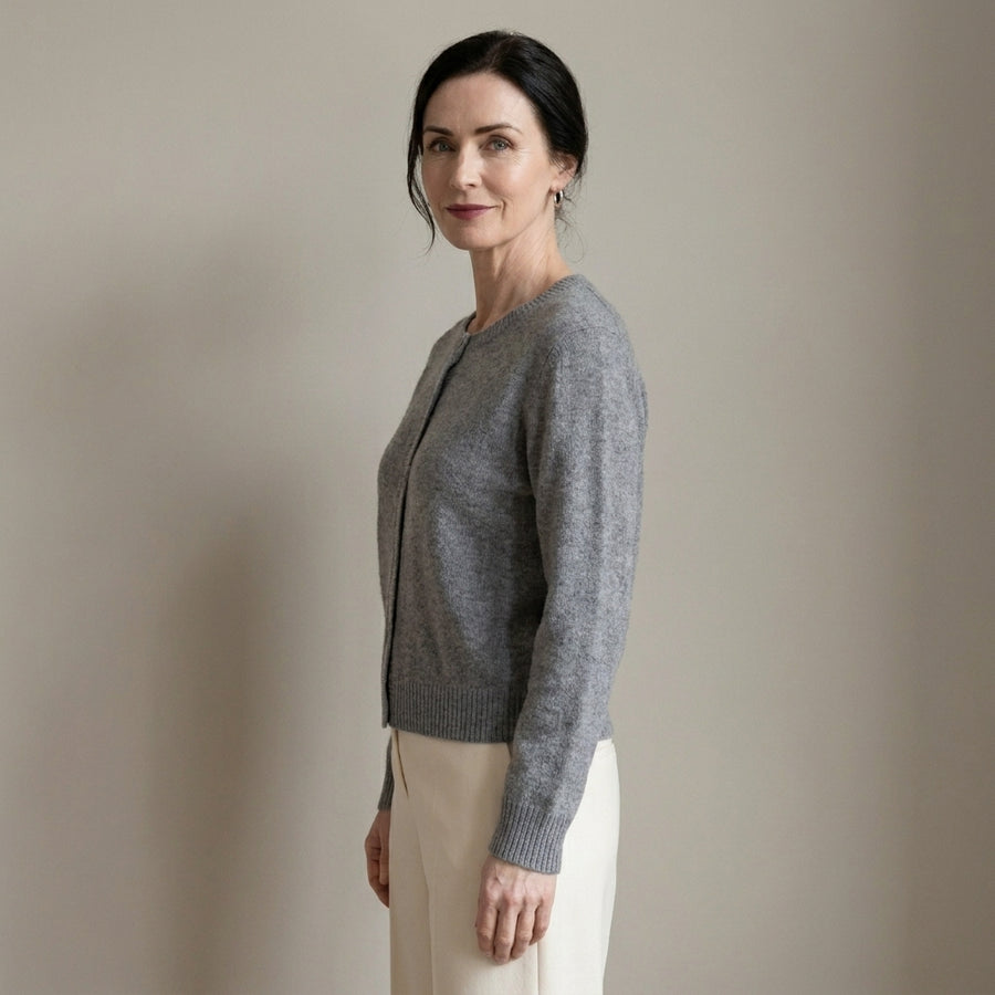 Women's Soft Knit Button Cardigan, Round Neck – Grey