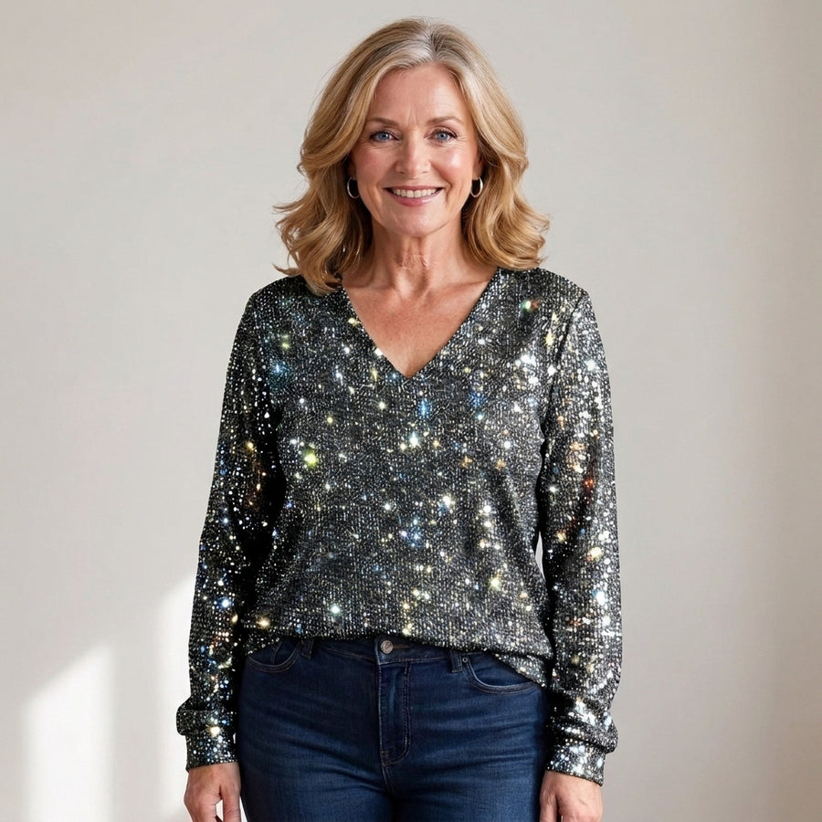 Women's Sparkly Christmas Party Top, V-Neck – Silver