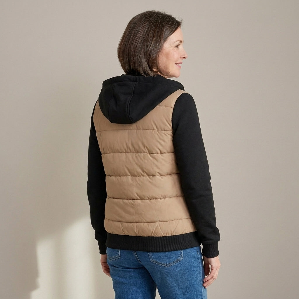 Women's Quilted Hooded Hybrid Jacket – Khaki & Black