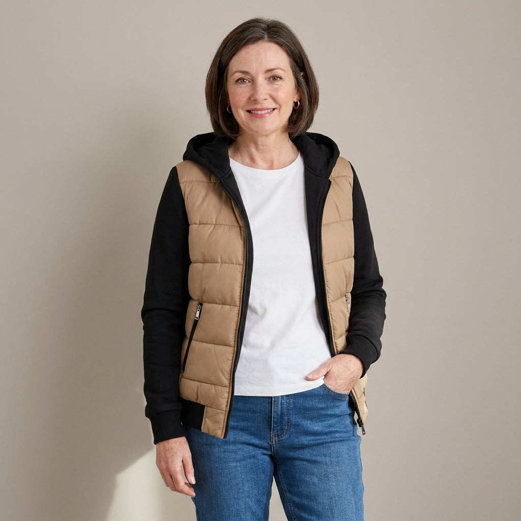 Women's Quilted Hooded Hybrid Jacket – Khaki & Black