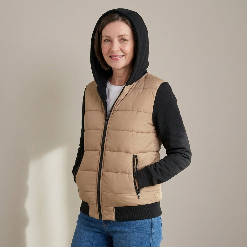 Women's Quilted Hooded Hybrid Jacket – Khaki & Black