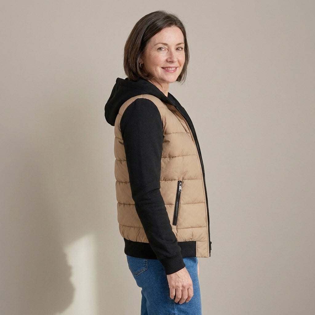 Women's Quilted Hooded Hybrid Jacket – Khaki & Black