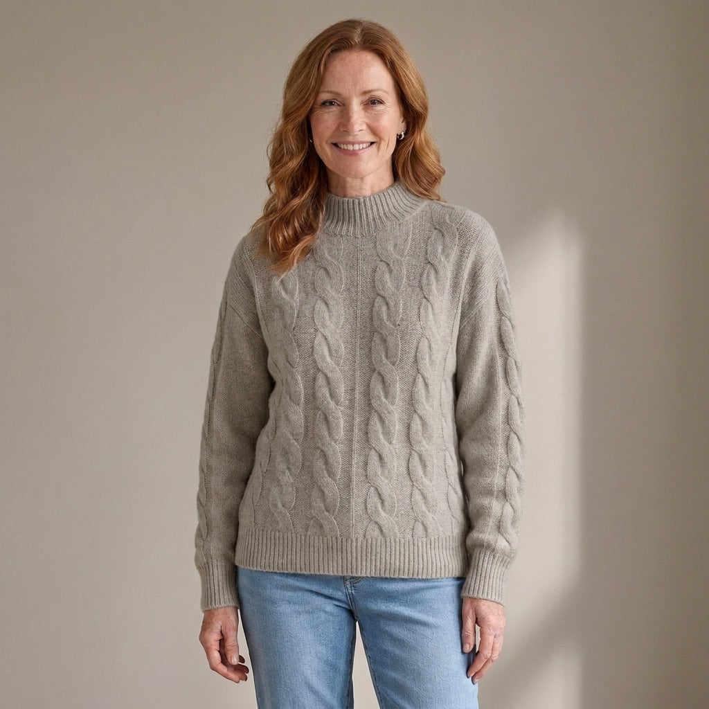 Women's Chunky Cable Knit Jumper, High Neck – Beige